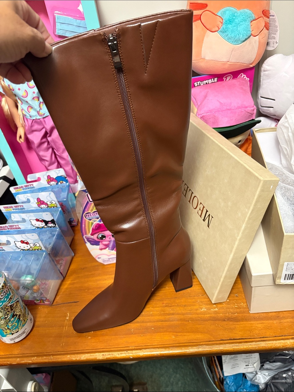 Women's Brown Knee-High Block Heel Boots - Picture 3 of 5